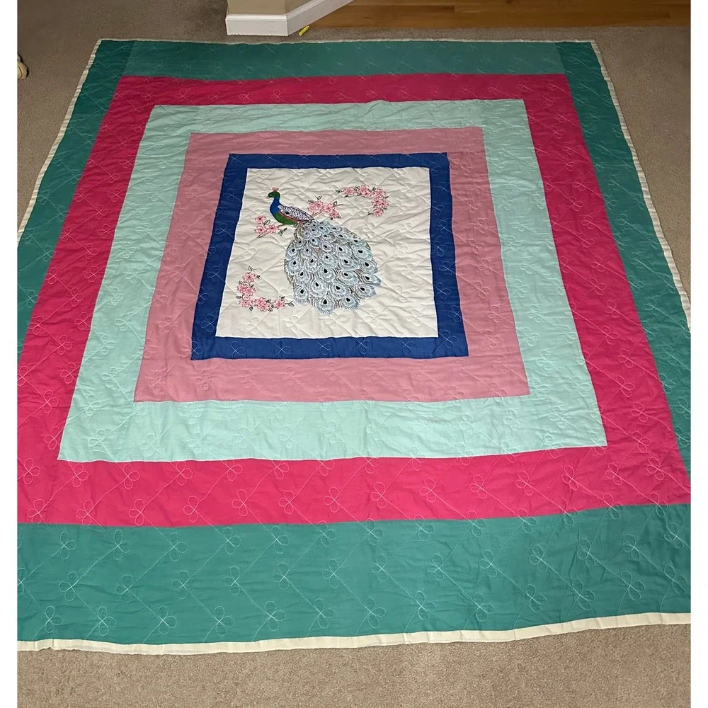 Vintage Peacock Embroidered Quilt Colorful Multi Border‎ Butterfly Stitching